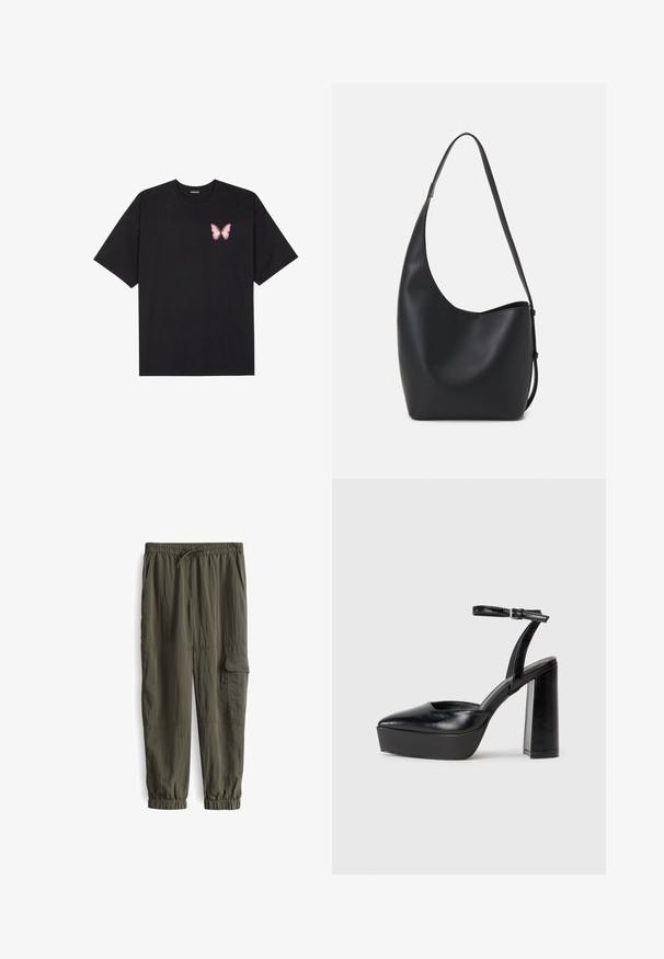Schwarzes Baumwoll-T-Shirt mit kurzen Ärmeln, das ein kleines pinkes Schmetterlingsmotiv auf der linken Brust zeigt. Crewneck-Design mit einem entspannten Schnitt.; Olivgrüne Jogginghosen aus strukturiertem Stoff. Mit elastischem Bund und Kordelzug, Seitentaschen und schmal zulaufenden Bündchen.; Schwarze Plateau-High Heels mit spitzem Zeh und verstellbarem Knöchelriemen. Gefertigt aus glattem Leder und mit einem klobigen Blockabsatz.; Schwarze Leder-Hobo-Tasche mit einer glatten Textur, geschwungener Form und einem einzelnen verstellbaren Tragegurt; verfügt über eine weite Öffnung am oberen Ende.