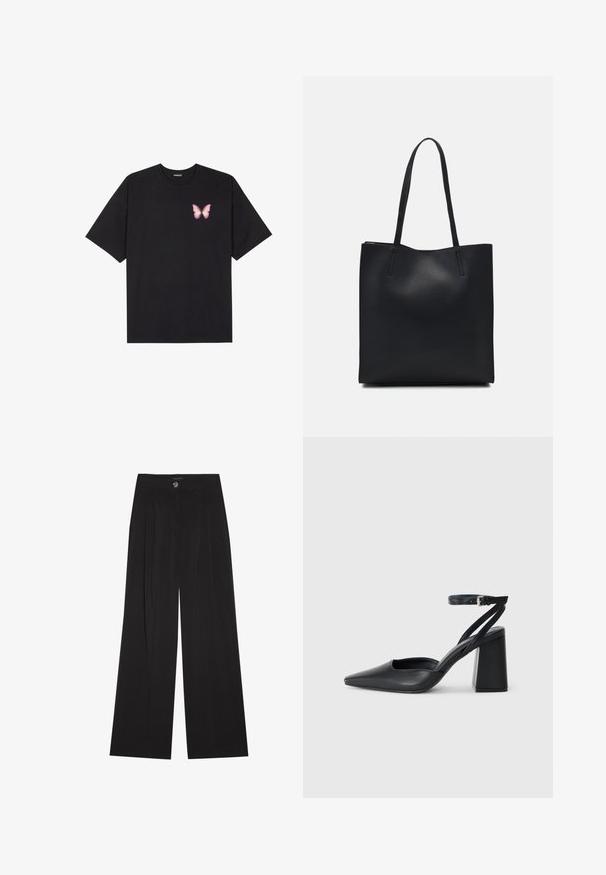 T-shirt en coton noir à manches courtes, avec un petit graphique de papillon rose sur la poitrine gauche. Modèle à col rond avec une coupe décontractée.; Pantalons noirs à jambes larges avec des plis, dotés d'une fermeture à bouton et de deux poches latérales ; texture lisse avec une coupe ajustée.; Escarpin noir en cuir à bout pointu avec une bride de cheville et un talon épais. Texture lisse, design élégant et esthétique minimaliste.; Sac fourre-tout en cuir noir avec une texture lisse, de forme rectangulaire et deux longues poignées. Pas de matériel ou d'ornementations visibles.