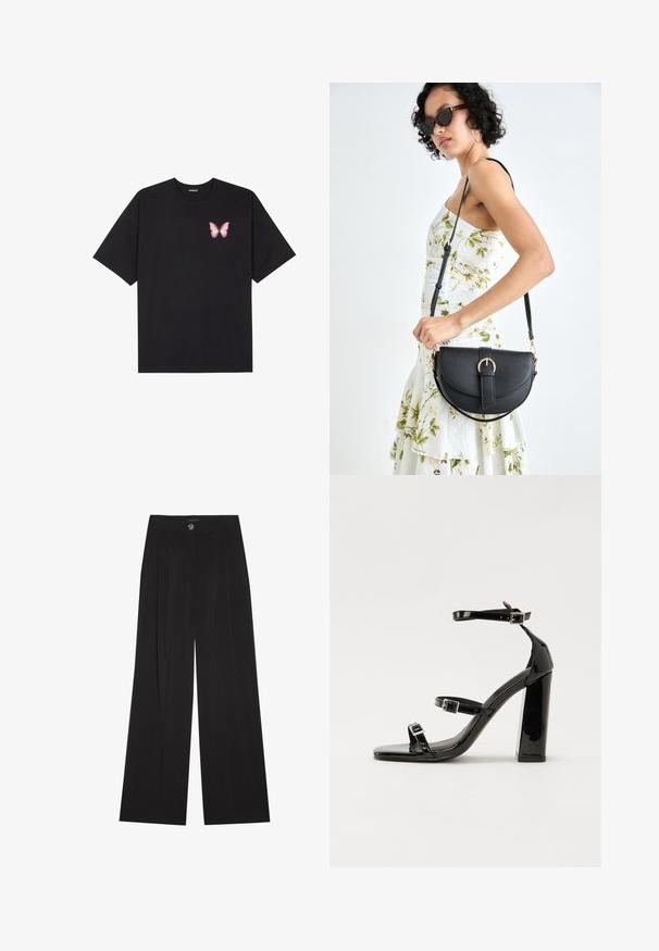 T-shirt en coton noir à manches courtes, avec un petit graphique de papillon rose sur la poitrine gauche. Modèle à col rond avec une coupe décontractée.; Pantalons noirs à jambes larges avec des plis, dotés d'une fermeture à bouton et de deux poches latérales ; texture lisse avec une coupe ajustée.; Sandales à talons vernies noires avec un bout carré, des sangles autour de la cheville et des boucles en argent. Dotées d'un talon bloc épais pour plus de stabilité.; Sac à main en cuir noir avec une forme courbée, bandoulière amovible et des accessoires en or. Le sac est doté d'un rabat avec un détail de boucle.