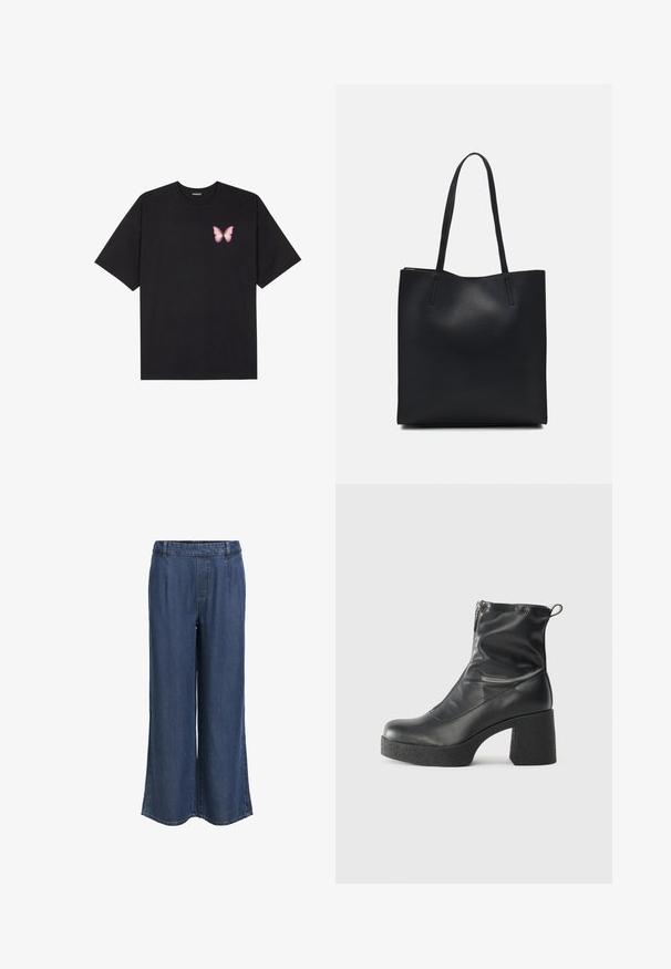 Czarny bawełniany t-shirt z krótkim rękawem, z małym różowym motylkiem na lewej piersi. Klasyczny dekolt z luźnym fasonem.; Proste ciemnoniebieskie dżinsy z elastycznym pasem i szlufkami na pasek, bez widocznych kieszeni, na białym tle.; Czarne botki za kostkę wykonane z gładkiej skóry, wyposażone w boczny zamek błyskawiczny, masywny teksturowany obcas oraz zaokrąglony czubek.; Czarna skórzana torba tote o gładkiej fakturze, prostokątnym kształcie i dwóch długich uchwytach. Brak widocznych elementów metalowych i ozdób.