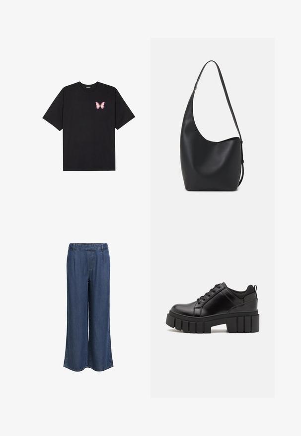 Svart bomulls T-skjorte med korte ermer, med en liten rosa sommerfugl grafikk på venstre bryst. Crew-neck design med en avslappet passform.; Mørkeblå denimbukser med rette ben, elastisk midjebånd og beltehemper, uten synlige lommer, vist på en hvit bakgrunn.; Svarte lærplattformsko med kraftig blokkhell, rund tå og tradisjonell snøring. Har en jevn tekstur og minimal detaljering.; Svart lær hobo-veske med glatt tekstur, buet form og enkelt justerbart stropp; har en bred åpning på toppen.