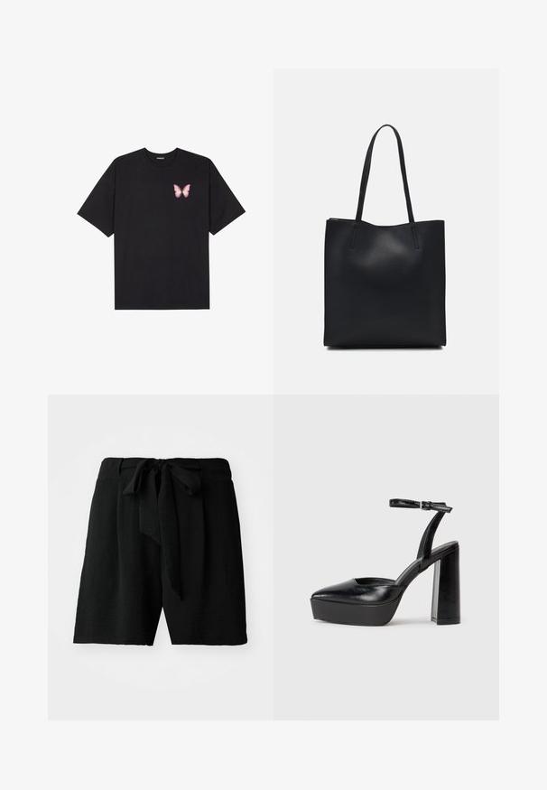 Schwarzes Baumwoll-T-Shirt mit kurzen Ärmeln, das ein kleines pinkes Schmetterlingsmotiv auf der linken Brust zeigt. Crewneck-Design mit einem entspannten Schnitt.; Schwarze Shorts aus strukturiertem Stoff, mit einer Bindeschleife in der Taille und einer lockeren Passform, die bis zur Mitte des Oberschenkels reicht.; Schwarze Plateau-High Heels mit spitzem Zeh und verstellbarem Knöchelriemen. Gefertigt aus glattem Leder und mit einem klobigen Blockabsatz.; Schwarze Laptoptasche aus Leder mit glatter Textur, rechteckiger Form und zwei langen Griffen. Keine sichtbaren Beschläge oder Verzierungen.