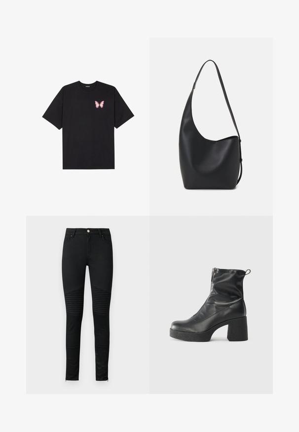 Črna bombažna majica s kratkimi rokavi, ki ima majhen roza metuljček na levi strani prsnega dela. Majica s krožnim ovratnikom in sproščenim krojem.; Črne ozke kavbojke z gladko denim teksturo, rebrastimi poudarki na kolenih in zadrgami na robovih za prilegašajoč dizajn.; Črne gležnjarje iz gladke kože z božnim zadrgo, masivnim teksturiranim peto in zaobljeno obliko prstov.; Črna usnjena hobo torba z gladko teksturo, ukrivljeno obliko in eno nastavljivo naramnico; ima širok odprtina na vrhu.