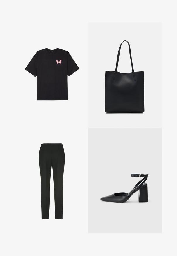 Black cotton t-shirt with short sleeves, featuring a small pink butterfly graphic on the left chest. Crew neck design with a relaxed fit.; Luisa Spagnoli OTRE - Trousers - nero; Black leather pointy-toe pump with an ankle strap and a chunky heel. Flat texture, sleek design, and minimalistic aesthetics.; Black leather tote bag with smooth texture, rectangular shape, and two long handles. No visible hardware or embellishments.