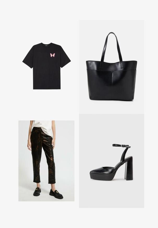 Černé bavlněné tričko s krátkým rukávem, na levém prsou s malou grafikou růžové motýlky. Design s kruhovým výstřihem a volným střihem.; Černé kalhoty z umělé kůže s hadím vzorem, s lesklou texturou a volným střihem, doplněné o chunky loafers.; Černé platformové podpatky s špičatou špičkou a nastavitelným kotníkovým popruhem. Vyrobeny z hladké kůže, s masivním blokovým podpatkem.; Černá kožená taška s dlouhými ušima, hladkým povrchem a strukturovaným tvarem. Obsahuje přední kapsu pro další úložný prostor.