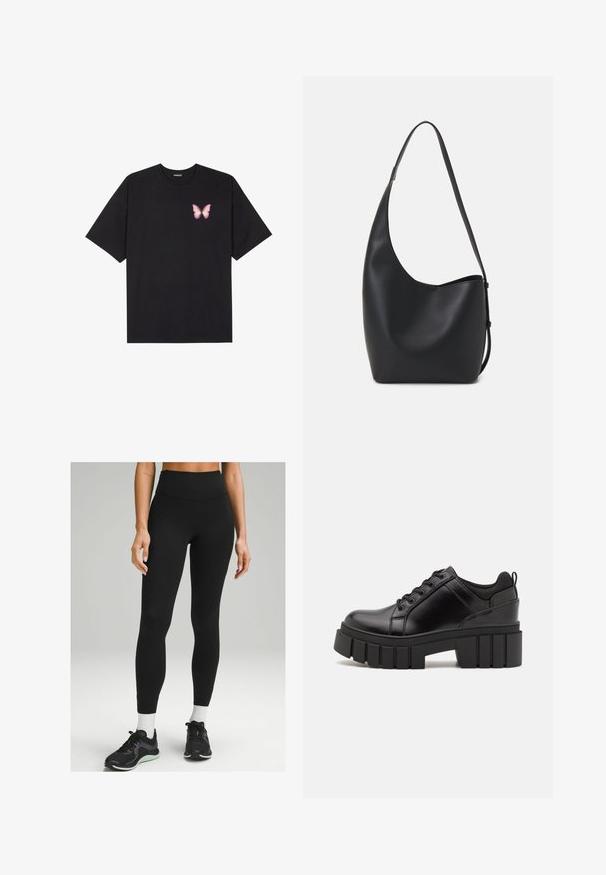 Must muströöpidega must puuvillane T-särk, vasakul rinnal on väike roosa liblikas. Ümar kaelus ja vabalt istuv lõige.; Mustad kõrge talje joogapüksid, mis on valmistatud venivast materjalist, omades elegantset disaini, sujuvat tekstuuri ja peent külgedetaili. Koos mustade spordijalanõudega.; Must musta platvormsussid paksu plokkninal, ümmarguse varbaga ja traditsioonilise nööridega kinnitamisega. Sussid on sileda tekstuuriga ja minimaalsete detailidega.; Mustast nahast hobo kott, millel on sile tekstuur, kumer kuju ja üks reguleeritav rihm; peal on lai avaus.