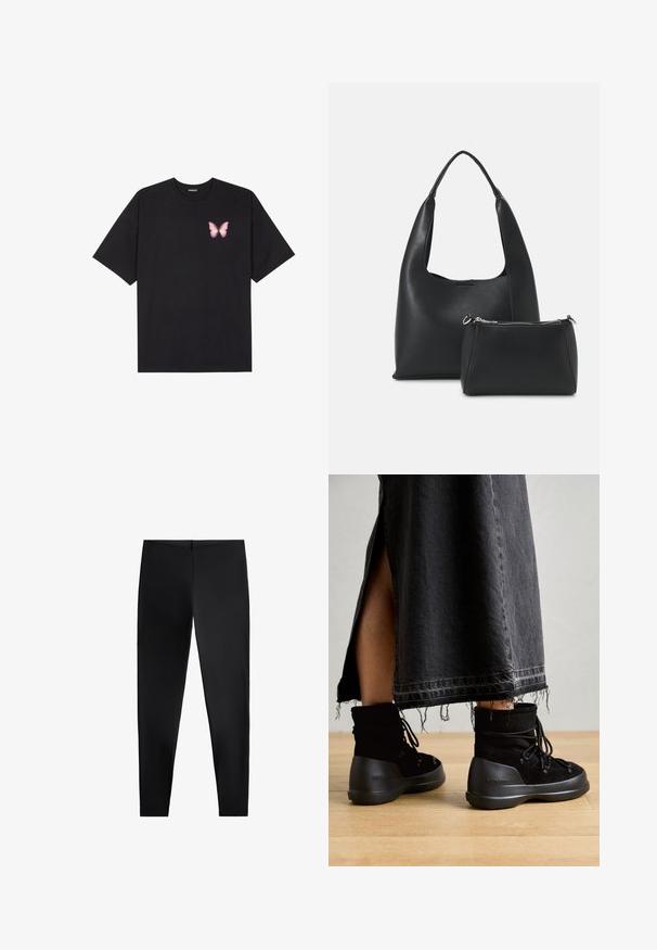 Črna bombažna majica s kratkimi rokavi, ki ima majhen roza metuljček na levi strani prsnega dela. Majica s krožnim ovratnikom in sproščenim krojem.; Črne legice iz raztegljive tkanine, z jasnim dizajnom in prilagojeno silhueto z visokim pasom ter brezšivno konstrukcijo.; Črne gležnjarje iz usnja z okroglo konico, vezalkami in debelim, teksturiranim gumijastim podplatom. Vidna je tudi kavbojka z neobrobljenim robom.; Even&Odd Torbica - black