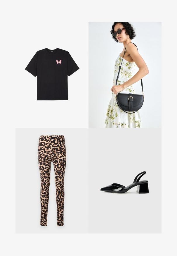 Black cotton t-shirt with short sleeves, featuring a small pink butterfly graphic on the left chest. Crew neck design with a relaxed fit.; Leopard print leggings featuring a smooth, stretchy fabric, mid-rise waistband, and fitted silhouette. Pattern in shades of brown and black.; Black patent leather slingback heels with a pointed toe and a geometric block heel. Features a sleek, minimal design and smooth texture.; Black leather handbag with a curved shape, detachable strap, and gold hardware. The bag features a flap with a buckle detail.