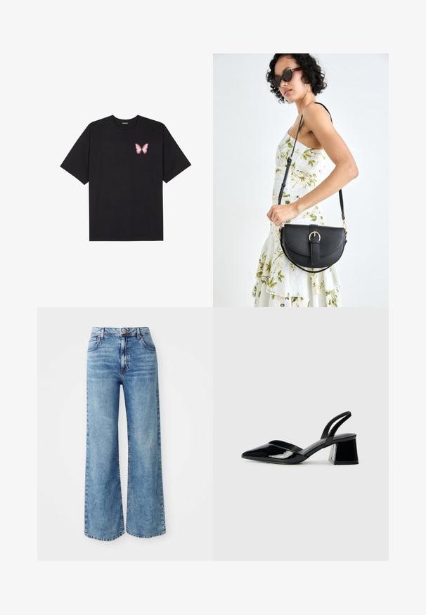 Musta puuvillapaita lyhyillä hihoilla, jossa on pieni vaaleanpunainen perhosgrafiikka vasemmassa rinnassa. Pyöreä kaula-aukko ja rento istuvuus.; Vaaleansiniset farkut, joissa on leveät lahkeet ja korkea vyötärö. Ne sisältävät viisi taskua, pääpainon napin kiinnityksen ja kontrastiväriset saumat.; Mustat patentoitu nahkakengät, joissa on säären takaosa ja terävä kärki, sekä geometrinen palikkakorko. Sisältää tyylikkään, minimalistisen muotoilun ja sileän pinnan.; Musta nahkainen käsilaukku, joka on kaareva muotoilultaan, irrotettavalla hihnalla ja kultaisilla yksityiskohdilla. Laukussa on läppä, jossa on solk yksityiskohta.