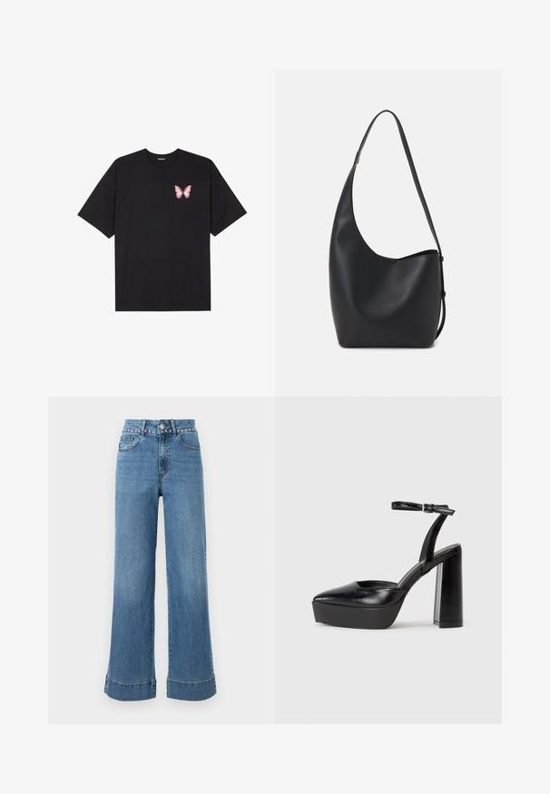 Črna bombažna majica s kratkimi rokavi, ki ima majhen roza metuljček na levi strani prsnega dela. Majica s krožnim ovratnikom in sproščenim krojem.; Visoko pasovane svetlo modre kavbojke s širokimi nogami, okrašene z dekorativnimi zatiči ob pasu in z robom z diskretnimi šivi.; Črne platforme z visokimi petami in koničastim nosom ter nastavljivim gležnjenjskim trakom. Narejene iz gladke usnje, s kockasto peto.; Črna usnjena hobo torba z gladko teksturo, ukrivljeno obliko in eno nastavljivo naramnico; ima širok odprtina na vrhu.