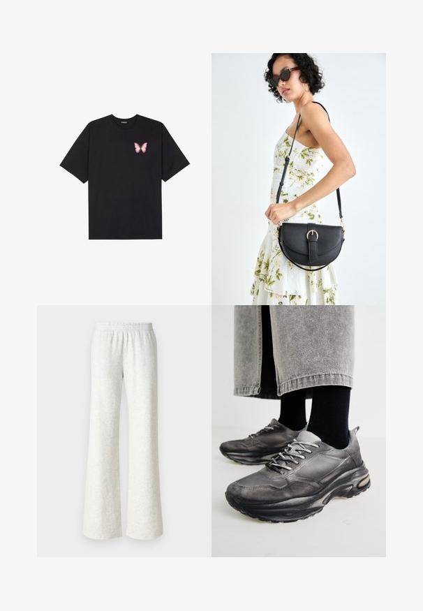 Black cotton t-shirt with short sleeves, featuring a small pink butterfly graphic on the left chest. Crew neck design with a relaxed fit.; Light gray, flared sweatpants made of soft material with an elastic waistband. No pockets or visible seams, simple and smooth texture.; Black and gray athletic shoes feature a mesh upper, thick soles, and laces. They have a rounded toe and visible cushioning detail.; Black leather handbag with a curved shape, detachable strap, and gold hardware. The bag features a flap with a buckle detail.