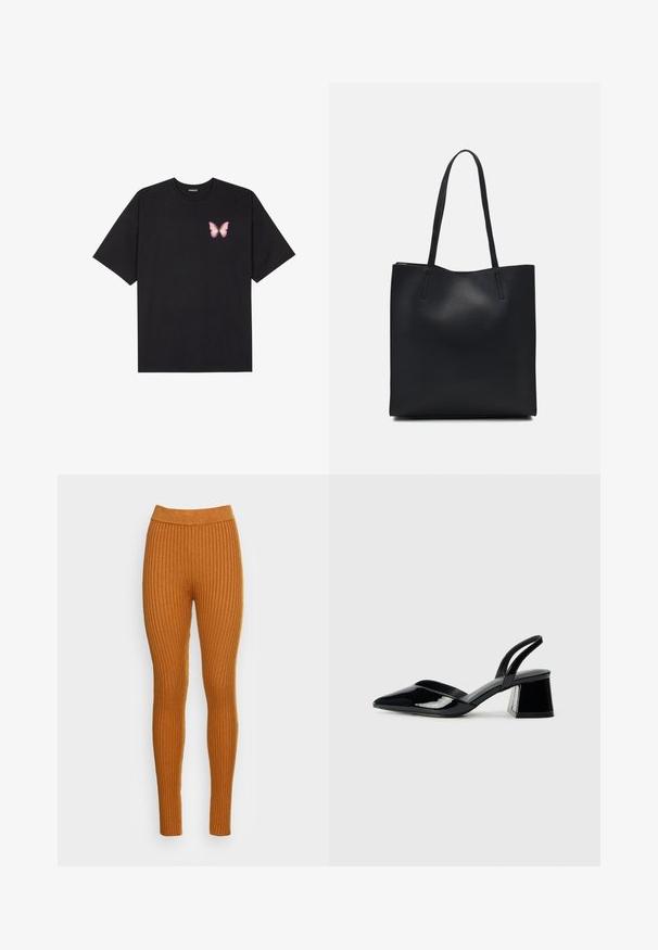 Camiseta de algodón negra de manga corta, con un pequeño gráfico de mariposa rosa en el lado izquierdo del pecho. Diseño de cuello redondo con un corte relajado.; Leggings acanalados en un cálido tono naranja, con una cinturilla alta. Confeccionados en una suave tela con textura vertical, que ofrece un ajuste ceñido.; Zapatos de tacón slingback de charol negro con punta afilada y tacón geométrico en bloque. Presentan un diseño elegante y minimalista, así como una textura suave.; Bolso tote de cuero negro con textura lisa, forma rectangular y dos asas largas. Sin herrajes ni adornos visibles.
