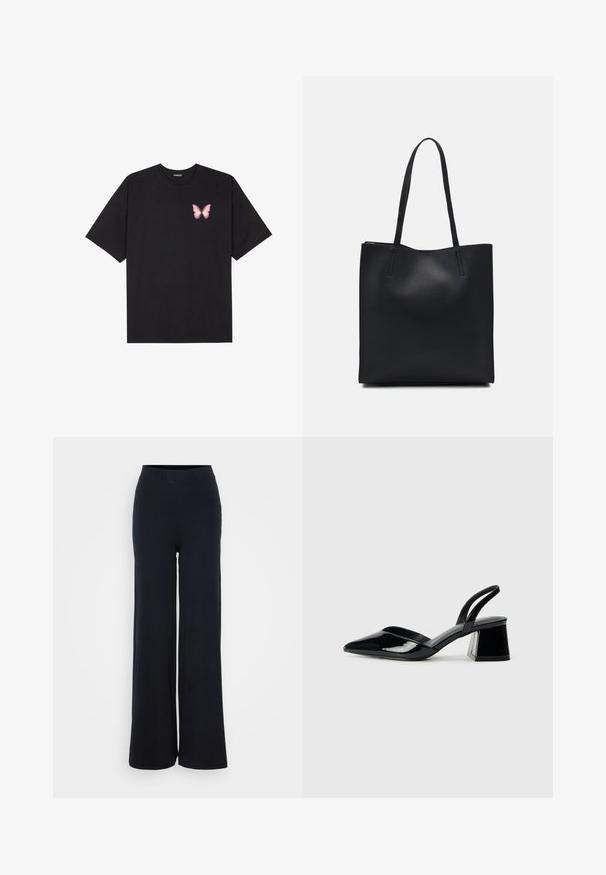 T-shirt en coton noir à manches courtes, avec un petit graphique de papillon rose sur la poitrine gauche. Modèle à col rond avec une coupe décontractée.; Pantalons larges noirs à côtes avec une finition texturée et une taille élastique, présentant une coupe décontractée et sans matériel visible.; Escarpins en cuir verni noir avec bout pointu et talon bloc géométrique. Présente un design élégant et minimaliste ainsi qu'une texture lisse.; Sac fourre-tout en cuir noir avec une texture lisse, de forme rectangulaire et deux longues poignées. Pas de matériel ou d'ornementations visibles.