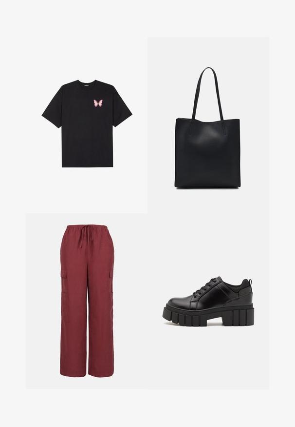 Black cotton t-shirt with short sleeves, featuring a small pink butterfly graphic on the left chest. Crew neck design with a relaxed fit.; Burgundy cargo pants made of lightweight fabric featuring a drawstring waist, wide legs, and two side cargo pockets.; Black leather platform shoes with a chunky block heel, round toe, and traditional lace-up design. Features smooth texture and minimal detailing.; Black leather tote bag with smooth texture, rectangular shape, and two long handles. No visible hardware or embellishments.