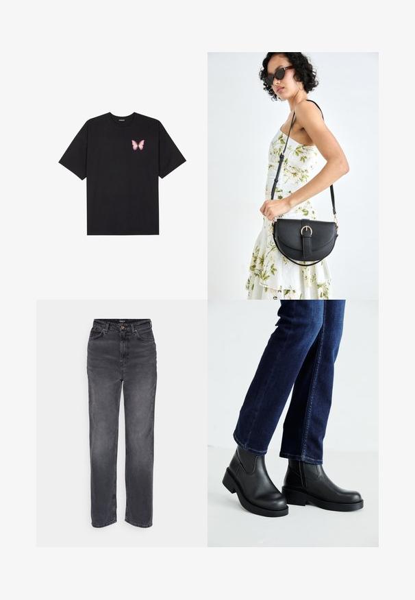 Fekete pamut póló rövid ujjakkal, bal mellkason egy kis rózsaszín pillangó grafikával. Kerek nyakú kialakítás, laza fazonnal.; Magas derekú, egyenes szárú farmernadrág sötétszürke denim anyagból. Gombos záródással és klasszikus öt zsebes kialakítással rendelkezik, finom kopással.; Fekete bőr bokacsizma vastag talppal és oldalán elnyújtott elasztikus betétekkel, sötétkék farmerral párosítva. A talaj világos színű.; Fekete bőrtáska ívelt formával, levehető pánttal és arany színű fémrészekkel. A táskán egy csattal díszített fedél található.