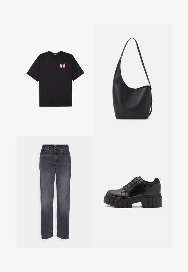 Black cotton t-shirt with short sleeves, featuring a small pink butterfly graphic on the left chest. Crew neck design with a relaxed fit.; High-waisted, straight-leg jeans in dark gray denim. Features a button closure and classic five-pocket design with subtle fading.; Black leather platform shoes with a chunky block heel, round toe, and traditional lace-up design. Features smooth texture and minimal detailing.; Black leather hobo bag with a smooth texture, curved shape, and single adjustable strap; features a wide opening at the top.