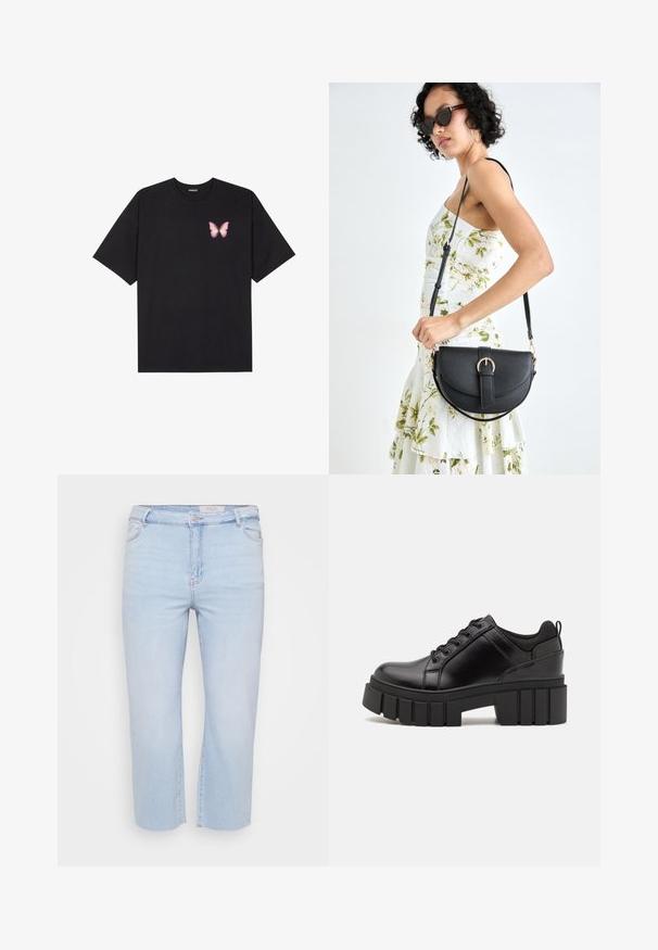 Musta puuvillapaita lyhyillä hihoilla, jossa on pieni vaaleanpunainen perhosgrafiikka vasemmassa rinnassa. Pyöreä kaula-aukko ja rento istuvuus.; Vaaleansiniset, lyhytlahkeiset farkut, joissa on korkea vyötärö, repaleiset lahkeensuut ja klassinen viiden taskun muotoilu. Valmistettu pehmeästä, joustavasta materiaalista.; Mustat nahkakengät, joissa on lättihenkinen korko, pyöreä kärki ja perinteinen nauhakiinnitys. Ominaisuuksiin kuuluu sileä pintakuvio ja minimaalinen yksityiskohtaisuus.; Musta nahkainen käsilaukku, joka on kaareva muotoilultaan, irrotettavalla hihnalla ja kultaisilla yksityiskohdilla. Laukussa on läppä, jossa on solk yksityiskohta.