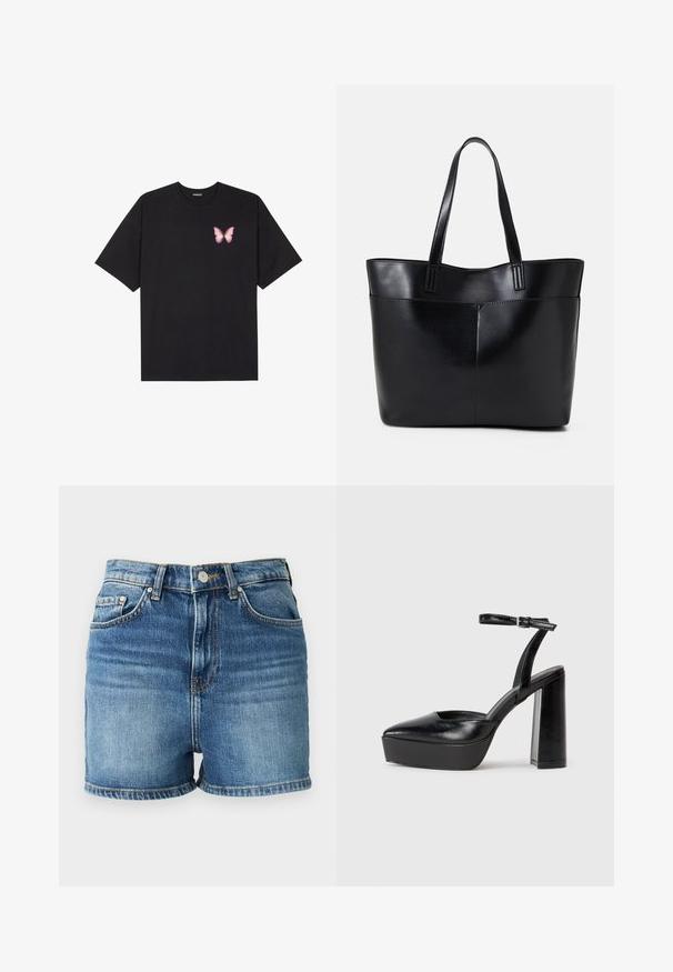 Črna bombažna majica s kratkimi rokavi, ki ima majhen roza metuljček na levi strani prsnega dela. Majica s krožnim ovratnikom in sproščenim krojem.; Denim kratke hlače z lahkim modrim pranjem, z visokim pasom, petimi žepi in raztrganim robom. Narejene so iz bombaža z gladko teksturo.; Črne platforme z visokimi petami in koničastim nosom ter nastavljivim gležnjenjskim trakom. Narejene iz gladke usnje, s kockasto peto.; Črna usnjena torba z dvema dolgima ročajema, gladko teksturo in strukturirano obliko. Ima sprednji žep za dodatno shranjevanje.