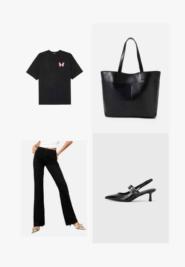 Čierne bavlnené tričko s krátkymi rukávmi, s malým ružovým motýlikom na ľavej hrudi. Design s okrúhlym výstrihom a uvoľneným strihom.; Čierne rozšírené džínsy vyrobené z denimu, s predným zapínaním na gombík a dizajnom s piatimi vreckami, vystavené na neutrálnom pozadí.; Čierne patentové kožené sandále na podpätku so špicatou špičkou a malým blokovým podpätkom, s dekoratívnou striebornou sponou na remienku.; Čierna kožená tote taška s dvoma dlhými rúčkami, hladkým povrchom a štruktúrovaným tvarom. Obsahuje prednú kapsu pre dodatočné uskladnenie.