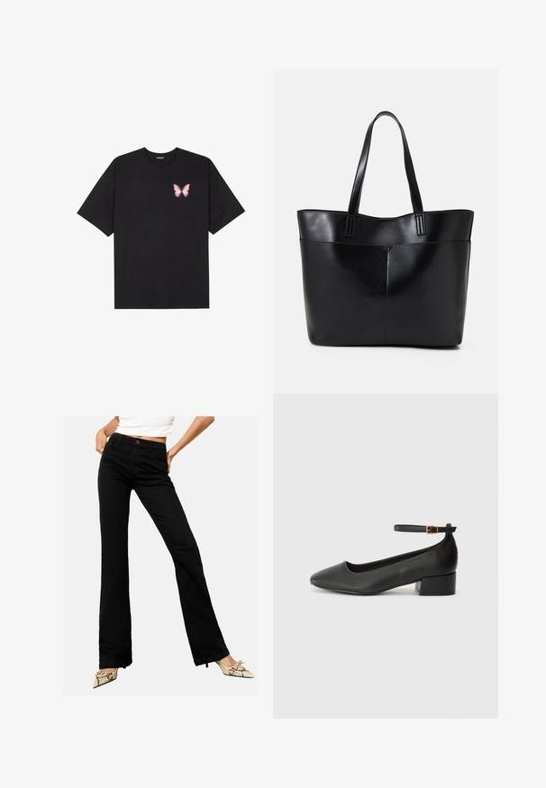 Must muströöpidega must puuvillane T-särk, vasakul rinnal on väike roosa liblikas. Ümar kaelus ja vabalt istuv lõige.; Mustad flared teksased, millel on eesnupu kinnitamine ja viie taskuga disain, asetatud neutraalse tausta ette.; Must mustaapp, millel on terav nina ja madal blokk-kand. Omab pahkluu rihma koos kuldse tooni pandlaga. Sile tekstuur.; Must mustaga musta nahast, millel on kaks pikka kanda, sile tekstuur ja struktureeritud kuju. Esipoolsel on lisakoti jaoks tasku.