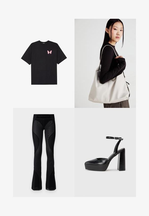 Juodas medvilnės marškinėliai trumpomis rankovėmis, su maža rožine drugelio grafika kairėje krūtinės pusėje. Apvalus kaklo iškirpimas, laisvas kirpimas.; Juodos tinklinės platėjančios legging'os su tekstūruotu apdorojimu ir raštuotais intarpais. Savybės - aukštas juosmuo su prekės ženklo logotipu viršuje.; Juodi platforminiai aukšti kulniukai su smailiu kojų pirštu ir reguliuojamu kulkšnies dirželiu. Pagaminti iš lygaus odos, turi masyvų blokinį kulną.; Bežinė rankinė, pagaminta iš minkštos medžiagos, turinti laisvą dizainą, siuvinėtas detalės ir dvi petnešos. Tinkama kasdieniam naudojimui.