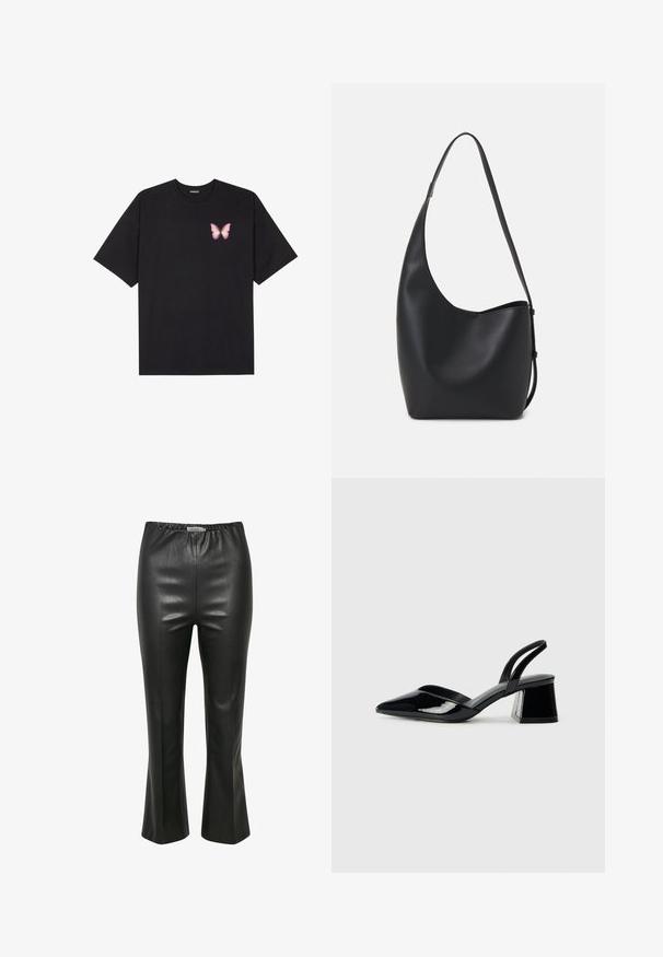 Zwarte katoenen t-shirt met korte mouwen, voorzien van een kleine roze vlinder graphic op de linkerkant van de borst. Crew neck ontwerp met een relaxte fit.; Zwarte neplederen broek met een gladde textuur, elastische tailleband en uitlopende zoom, met verticale naaddetails.; Zwarte gepatineerde leren slingback hakken met een spitse neus en een geometrische blokhak. Kenmerkt zich door een slank, minimalistisch ontwerp en een gladde textuur.; Zwarte leren hobo tas met een gladde textuur, kromme vorm en een enkele verstelbare schouderband; heeft een brede opening aan de bovenkant.
