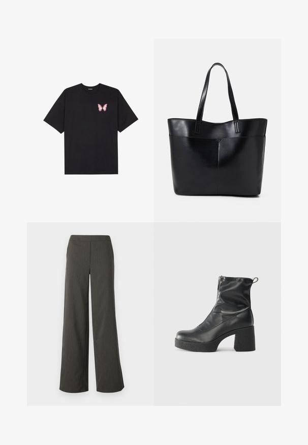 Must muströöpidega must puuvillane T-särk, vasakul rinnal on väike roosa liblikas. Ümar kaelus ja vabalt istuv lõige.; Tumed hallid laiad püksid, millel on vertikaalsed triibud, sujuva tekstuuriga ja mugavaks kandmiseks elastne vöökoht.; Mustad mustad ansapüksid, mis on valmistatud siledast nahast, külje zipperiga, paksu tekstuuriga kontsaga ja ümmarguse nina disainiga.; Must mustaga musta nahast, millel on kaks pikka kanda, sile tekstuur ja struktureeritud kuju. Esipoolsel on lisakoti jaoks tasku.