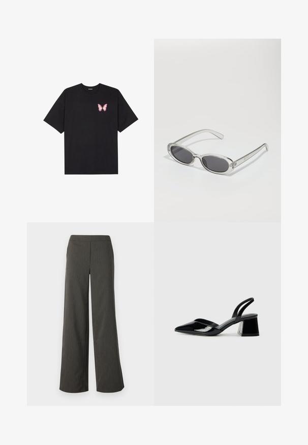 Čierne bavlnené tričko s krátkymi rukávmi, s malým ružovým motýlikom na ľavej hrudi. Design s okrúhlym výstrihom a uvoľneným strihom.; Široké nohavice tmavošedej farby s vertikálnymi pruhmi, ktoré majú hladkú textúru a elastický pás pre pohodlie.; Čierne lakované kožené sandálové podpätky s špicatou špičkou a geometrickým blokovým podpätkom. Disponujú elegantným, minimalistickým dizajnom a hladkým povrchom.; Slnečné okuliare oválneho tvaru, s priehľadným plastovým rámom, tmavošedými šošovkami a tenkými priehľadnými ramienkami s logovými akcentmi a minimálnym detailovaním.; Čierna kožená kabelka s zaobleným tvarom, odnímateľným popruhom a zlatými doplnkami. Kabelka má klopu s detailom s prackou.