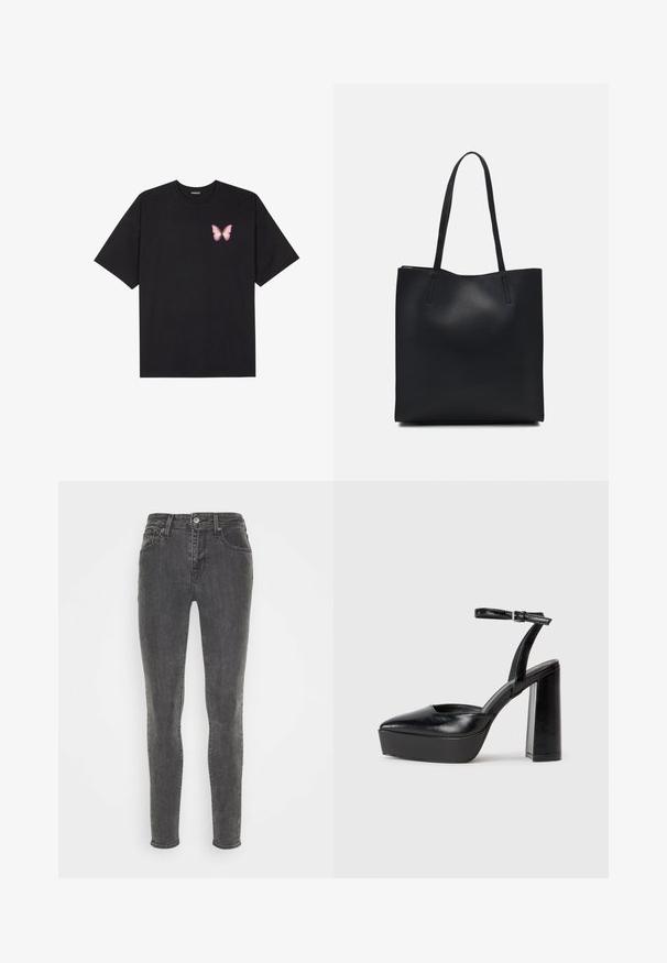 Camiseta de algodón negra de manga corta, con un pequeño gráfico de mariposa rosa en el lado izquierdo del pecho. Diseño de cuello redondo con un corte relajado.; Jeans ajustados en denim gris oscuro, con un diseño clásico de cinco bolsillos, trabillas para cinturón y cierre de botón. Textura suave con un ligero desvanecimiento.; Zapatos de tacón negro con punta afilada y correa ajustable en el tobillo. Confeccionados en cuero suave, presentan un tacón grueso.; Bolso tote de cuero negro con textura lisa, forma rectangular y dos asas largas. Sin herrajes ni adornos visibles.