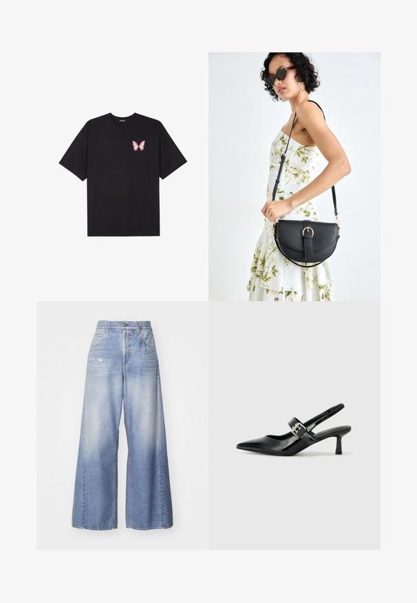 Svart bomullströja med korta ärmar, med en liten rosa fjärilsgrafik på vänster bröst. Rundad halsdesign med en avslappnad passform.; Ljusblå vida denimjeans med en urtvättad look, fem fickor och knappstängning. Stoffets textur är slät och har en avslappnad stil.; Svarta patentläder slingback-klackar med spetsig tå och en liten blockklack, med en silvrig spänneaccent på remmen.; Svart läderhandväska med en böjd form, avtagbar rem och guldiga detaljer. Väskan har ett lock med en spänndetalj.