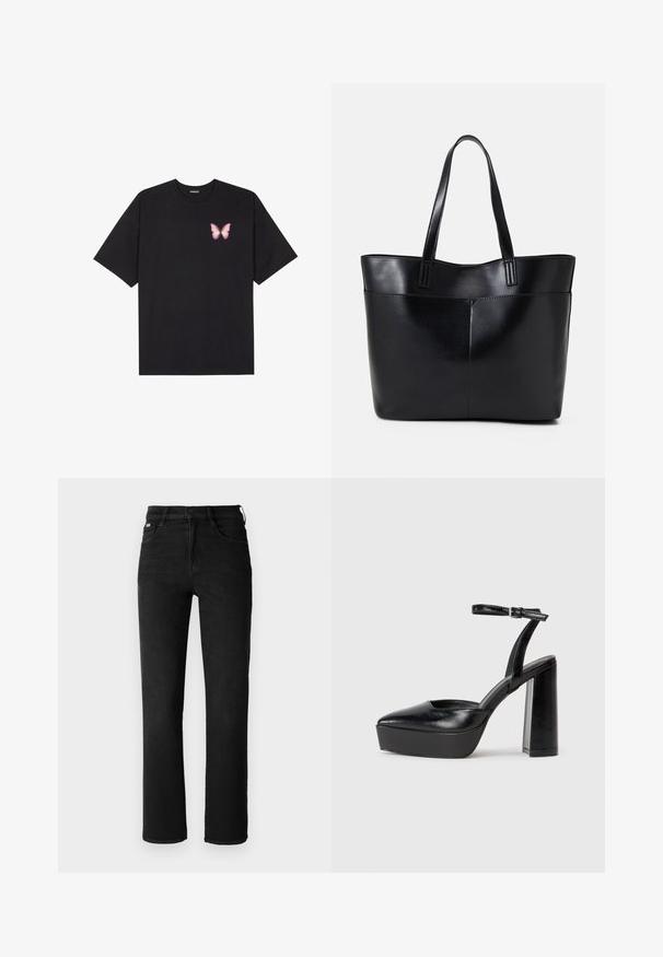 Black cotton t-shirt with short sleeves, featuring a small pink butterfly graphic on the left chest. Crew neck design with a relaxed fit.; Black denim jeans with a straight leg design, high waist, and classic five-pocket styling. Made from a sturdy, textured fabric.; Black platform heels with a pointed toe and adjustable ankle strap. Constructed from smooth leather, featuring a chunky block heel.; Black leather tote bag with two long handles, a smooth texture, and a structured shape. Features a front pocket for additional storage.