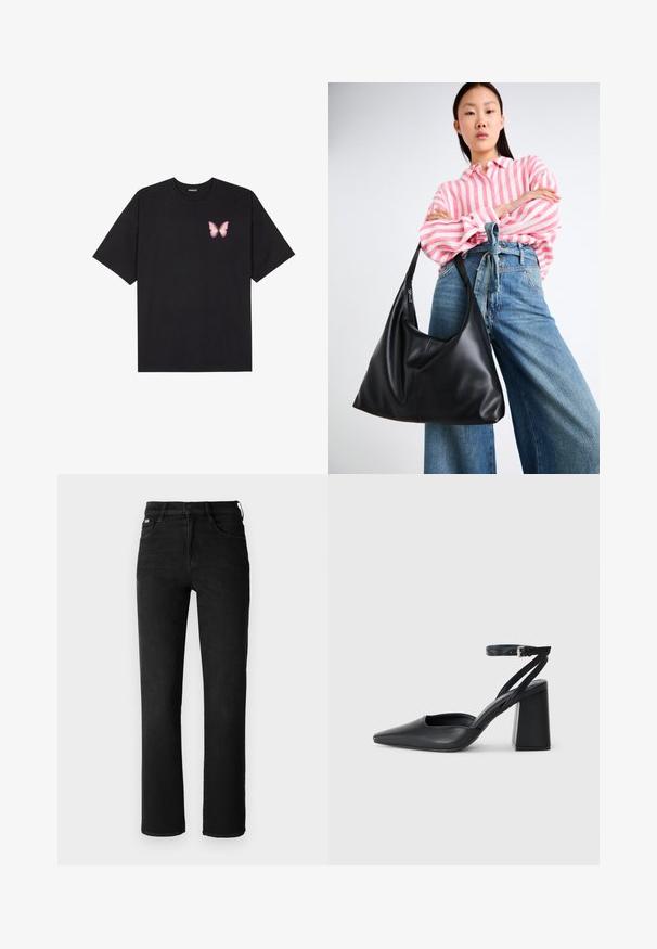 Must muströöpidega must puuvillane T-särk, vasakul rinnal on väike roosa liblikas. Ümar kaelus ja vabalt istuv lõige.; Mustad musta denimi püksid sirge säärekujundusega, kõrge talje ja klassikalise viie tasku stiiliga. Valmistatud vastupidavast, tekstureeritud kangast.; Mustmustest must-käigukingad, millel on konksuga nöör ja paks konts. Ühtlane tekstuur, stiilne disain ja minimalistlik esteetika.; Must musta õlakott lahtise kuju ja õmbluse detailidega. Mudel kannab roosa ja valge triibulist särki koos laia jalgadega siniste teksadega.; Hõbedased rõngaskõrvarõngad, millel on sujuv ja ümar disain, millel on sile pind ja nähtavad kaunistused puuduvad. Diameeter ei ole täpsustatud.