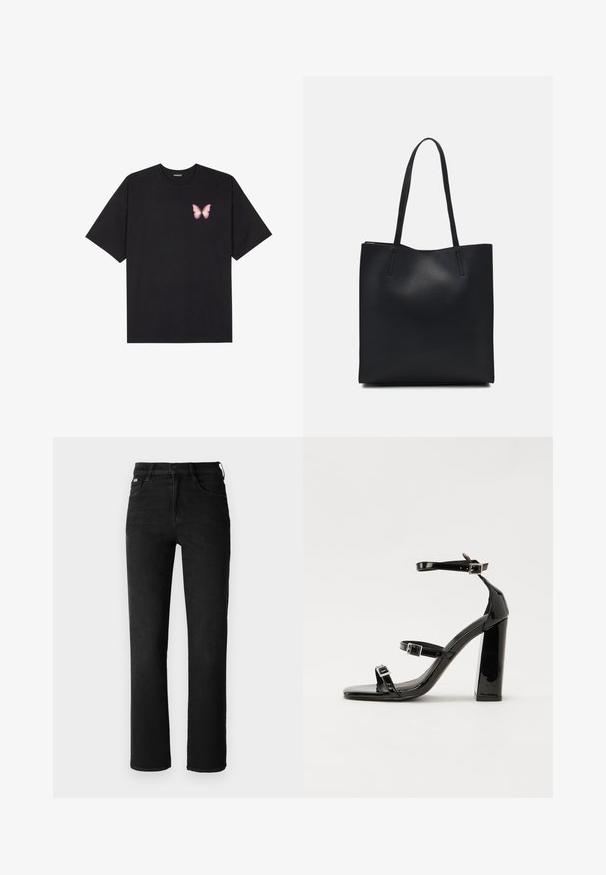 Čierne bavlnené tričko s krátkymi rukávmi, s malým ružovým motýlikom na ľavej hrudi. Design s okrúhlym výstrihom a uvoľneným strihom.; Čierne džíny z denimu so striktným strihom nohavíc, vysokým pásom a klasickým dizajnom s piatimi vreckami. Vyrobené z pevnej, textúrovanej látky.; Čierne lakované sandále na podpätku so štvorcovou špičkou, navlečenými remienkami okolo členku a striebornými prackami. Disponujú masívnym blokovým podpätkom pre stabilitu.; Čierna kožená taška na rameno s hladkým povrchom, obdĺžnikovým tvarom a dvoma dlhými uchami. Bez viditeľného kovania alebo ozdôb.