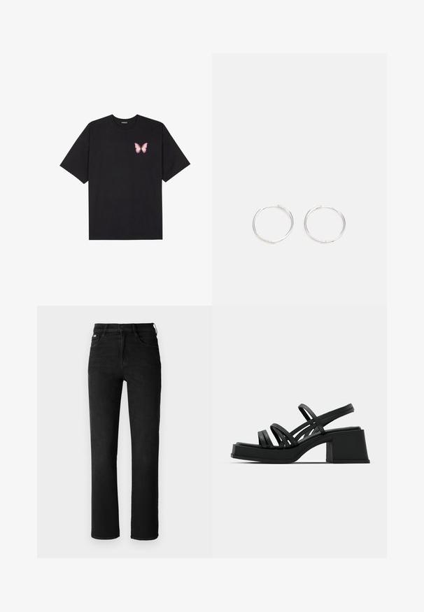 Black cotton t-shirt with short sleeves, featuring a small pink butterfly graphic on the left chest. Crew neck design with a relaxed fit.; Black denim jeans with a straight leg design, high waist, and classic five-pocket styling. Made from a sturdy, textured fabric.; Black heeled sandals with multiple thin straps and a wide block heel. Sleek design with a matte texture. Footbed has a slight curve.; Silver hoop earrings with a sleek, round design, featuring a smooth surface and no visible embellishments. Diameter not specified.
