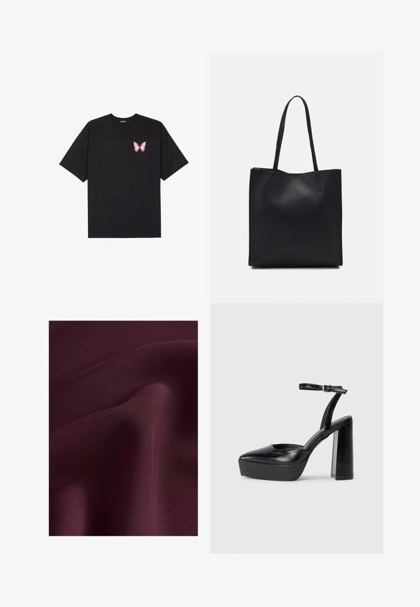 Czarny bawełniany t-shirt z krótkim rękawem, z małym różowym motylkiem na lewej piersi. Klasyczny dekolt z luźnym fasonem.; Next WIDE bordowy; Czarne platformy na wysokim obcasie z szpiczastym noskiem i regulowanym paskiem na kostkę. Wykonane z gładkiej skóry, z grubym słupkowym obcasem.; Czarna skórzana torba tote o gładkiej fakturze, prostokątnym kształcie i dwóch długich uchwytach. Brak widocznych elementów metalowych i ozdób.