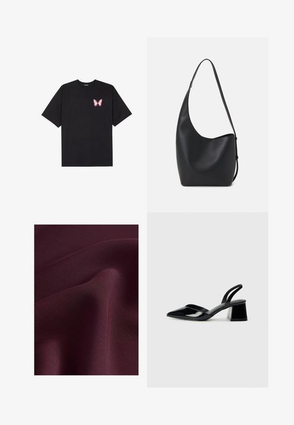 Schwarzes Baumwoll-T-Shirt mit kurzen Ärmeln, das ein kleines pinkes Schmetterlingsmotiv auf der linken Brust zeigt. Crewneck-Design mit einem entspannten Schnitt.; Next ELASTICATED BACK WIDE REGULAR FIT - Stoffhose - burgundy red; Schwarze Lackleder-Slingback-High Heels mit spitzem Schuh und einem geometrischen Blockabsatz. Verfügt über ein schlankes, minimalistisches Design und eine glatte Textur.; Schwarze Leder-Hobo-Tasche mit einer glatten Textur, geschwungener Form und einem einzelnen verstellbaren Tragegurt; verfügt über eine weite Öffnung am oberen Ende.