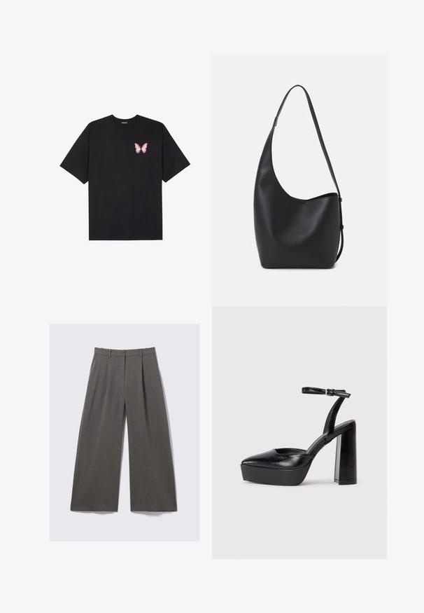 Camiseta de algodón negra de manga corta, con un pequeño gráfico de mariposa rosa en el lado izquierdo del pecho. Diseño de cuello redondo con un corte relajado.; Pantalones de pierna ancha a rayas grises con lazos para cinturón y pliegues, exhibidos de forma plana sobre un fondo blanco.; Zapatos de tacón negro con punta afilada y correa ajustable en el tobillo. Confeccionados en cuero suave, presentan un tacón grueso.; Bolso tipo hobo de cuero negro con una textura suave, forma curvada y una sola correa ajustable; presenta una amplia apertura en la parte superior.