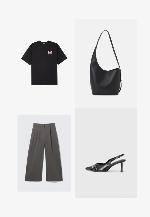 Black cotton t-shirt with short sleeves, featuring a small pink butterfly graphic on the left chest. Crew neck design with a relaxed fit.; Gray pinstriped wide-leg trousers with belt loops and pleats, displayed flat against a white background.; Black patent leather slingback shoe with pointed toe, ankle straps featuring silver buckles and hardware, and a slender heel.; Black leather hobo bag with a smooth texture, curved shape, and single adjustable strap; features a wide opening at the top.