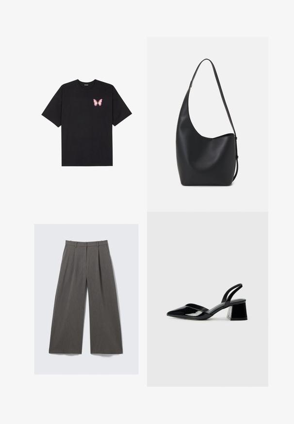 T-shirt en coton noir à manches courtes, avec un petit graphique de papillon rose sur la poitrine gauche. Modèle à col rond avec une coupe décontractée.; Pantalons larges à rayures grises avec passants de ceinture et plis, présentés à plat sur un fond blanc.; Escarpins en cuir verni noir avec bout pointu et talon bloc géométrique. Présente un design élégant et minimaliste ainsi qu'une texture lisse.; Sac hobo en cuir noir avec une texture lisse, une forme incurvée et une seule sangle réglable ; dispose d'une large ouverture en haut.