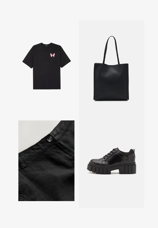 Sort bomulds T-shirt med korte ærmer, prydet med en lille pink sommerfugl grafik på venstre bryst. Rund hals design med en afslappet pasform.; Sorte linbukser med en glat tekstur, der har en rund knap og syet detaljer ved taljen og lommerne.; Sorte læder platform sko med en klodset blokhæl, rund tå og traditionelt snøredesign. Har en glat tekstur og minimal detaljering.; Sort læder tote taske med glat tekstur, rektangulær form og to lange hanke. Ingen synlig hardware eller udsmykninger.