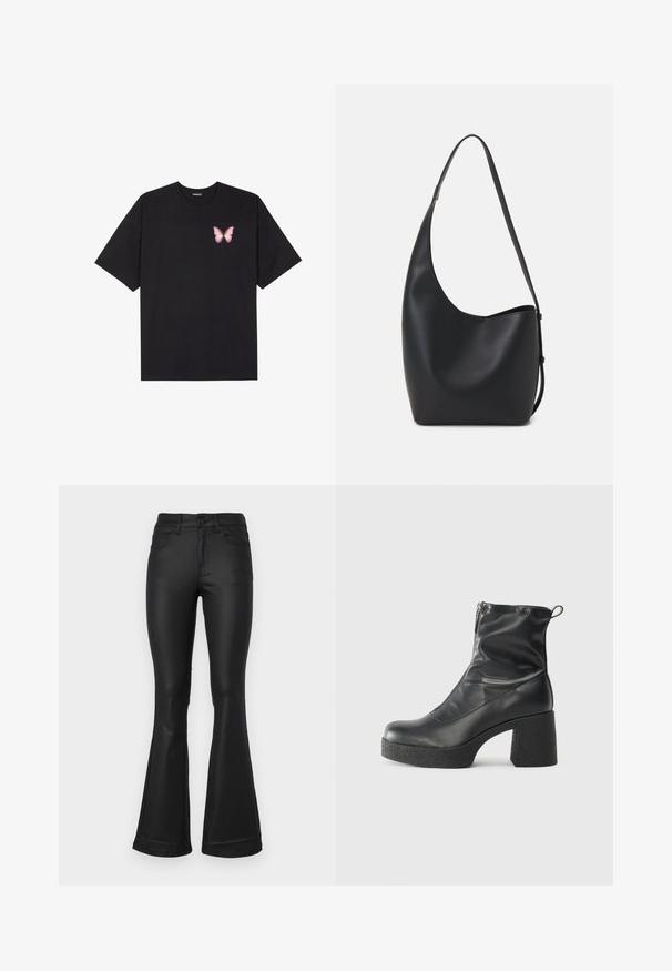 Must muströöpidega must puuvillane T-särk, vasakul rinnal on väike roosa liblikas. Ümar kaelus ja vabalt istuv lõige.; Mustad flared teksad, mis on valmistatud siledast kangast. Omab viit taskut, sirget taljet ja laia säärte avatust allservas.; Mustad mustad ansapüksid, mis on valmistatud siledast nahast, külje zipperiga, paksu tekstuuriga kontsaga ja ümmarguse nina disainiga.; Mustast nahast hobo kott, millel on sile tekstuur, kumer kuju ja üks reguleeritav rihm; peal on lai avaus.