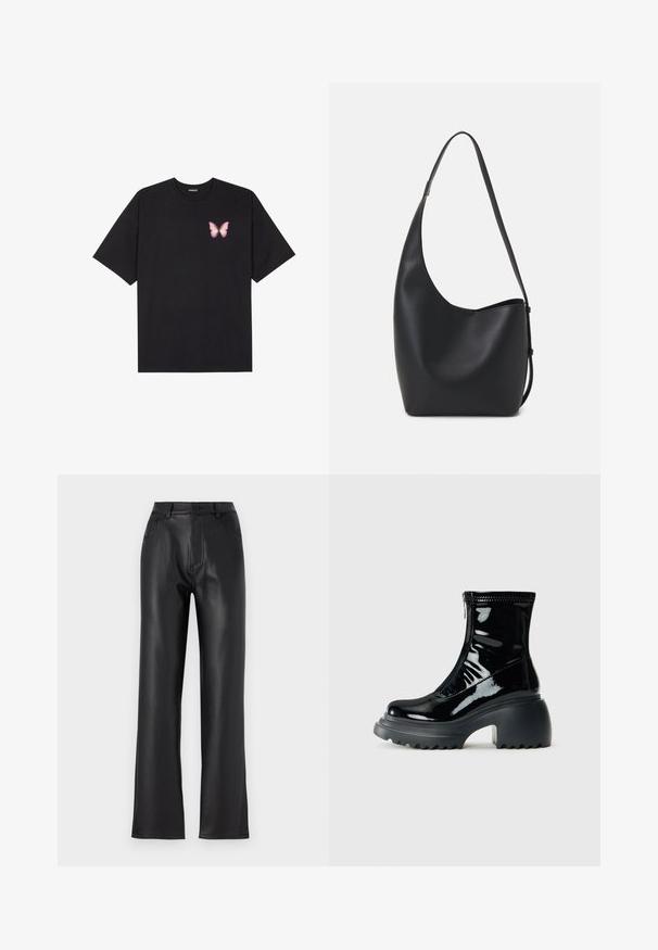 Črna bombažna majica s kratkimi rokavi, ki ima majhen roza metuljček na levi strani prsnega dela. Majica s krožnim ovratnikom in sproščenim krojem.; Črne hlače iz umetnega usnja s pravimi nogavicami, ki vključujejo sprednje žepe, zadrgo in gumbasto zapiranje. Gladka tekstura.; Svetleče črne platforme gležnarji z zaobljenim nosom, masivnim peto, zadrgo in debelim rebrastim podplatom na beli podlagi.; Črna usnjena hobo torba z gladko teksturo, ukrivljeno obliko in eno nastavljivo naramnico; ima širok odprtina na vrhu.