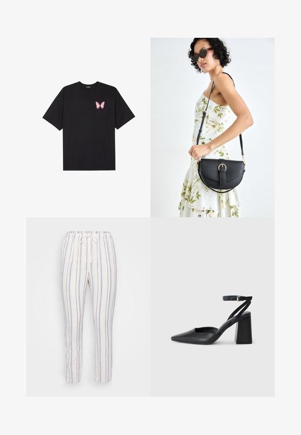 Črna bombažna majica s kratkimi rokavi, ki ima majhen roza metuljček na levi strani prsnega dela. Majica s krožnim ovratnikom in sproščenim krojem.; Lahki, zračni laneni hlače z elastiko v pasu, ki imajo navpične črte v modri in rjavi barvi na belem ozadju.; Črne usnjene klasične čevlje z ostrim nosom, z zaponko za gleženj in debelim peto. Ravna tekstura, eleganten dizajn in minimalistična estetika.; Črna usnjena torbica s ukrivljeno obliko, z odstranljivo naramnico in zlatimi dodatki. Torbica ima pokrov s podrobnostmi v obliki zaponke.