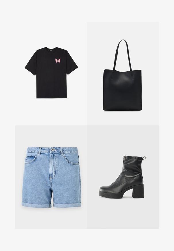 Μαύρο βαμβακερό μπλουζάκι με κοντά μανίκια, διαθέτοντας ένα μικρό ροζ γραφικό πεταλούδας στο αριστερό στήθος. Σχέδιο με στρογγυλή λαιμόκοψη και άνετη εφαρμογή.; Σορτς από τζιν σε ανοιχτό μπλε, με ρολό στο τελείωμα, τυπικές τσέπες και κλείσιμο με κουμπί στο μπροστινό μέρος. Μαλακή υφή με ελαφρώς ξεθωριασμένο φινίρισμα.; Μαύρες μποτές μέχρι τον αστράγαλο από λείο δέρμα, με πλευρικό φερμουάρ, χοντρό υφασμάτινο τακούνι και στρογγυλή μύτη.; Μαύρη δερμάτινη τσάντα tote με λείο υφή, ορθογώνιο σχήμα και δύο μακριές λαβές. Χωρίς ορατό υλικό ή διακοσμητικά στοιχεία.