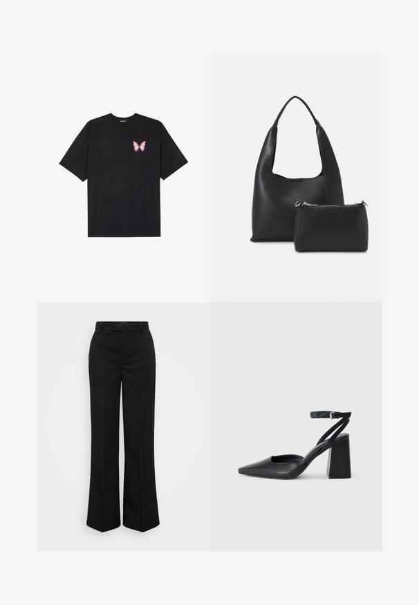 Črna bombažna majica s kratkimi rokavi, ki ima majhen roza metuljček na levi strani prsnega dela. Majica s krožnim ovratnikom in sproščenim krojem.; Gina Tricot Tall STRAIGHT TROUSERS - Hlače - black; Črne usnjene klasične čevlje z ostrim nosom, z zaponko za gleženj in debelim peto. Ravna tekstura, eleganten dizajn in minimalistična estetika.; Even&Odd SET - Torbica - black