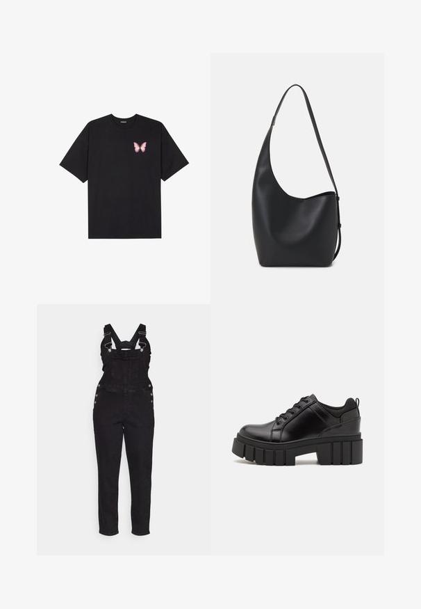 Musta puuvillapaita lyhyillä hihoilla, jossa on pieni vaaleanpunainen perhosgrafiikka vasemmassa rinnassa. Pyöreä kaula-aukko ja rento istuvuus.; Mustat farkkuhaalarit säädettävillä hihnoilla, sivupainikkeilla ja suppilomaisilla lahkeilla. Yläosassa on etutasku ja klassinen muotoilu.; Mustat nahkakengät, joissa on lättihenkinen korko, pyöreä kärki ja perinteinen nauhakiinnitys. Ominaisuuksiin kuuluu sileä pintakuvio ja minimaalinen yksityiskohtaisuus.; Musta nahkainen hobo-laukku, jossa on sileä pinta, kaareva muoto ja yksi säädettävä olkahihna; sisäänkäynti on leveä ylhäältä.