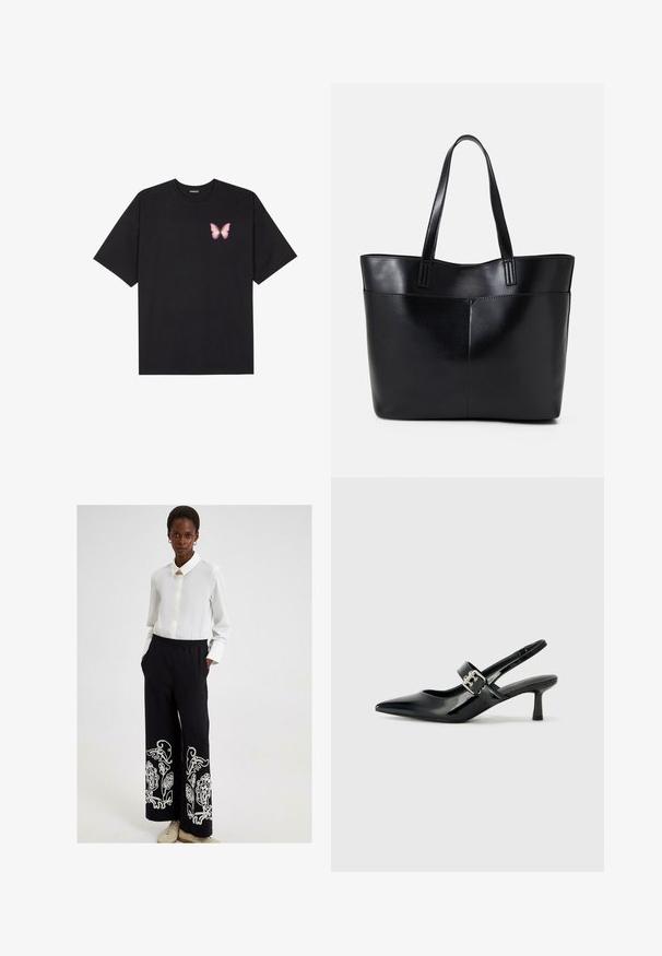 Črna bombažna majica s kratkimi rokavi, ki ima majhen roza metuljček na levi strani prsnega dela. Majica s krožnim ovratnikom in sproščenim krojem.; Touché Privé EMBROIDERED - Hlače - black; Črne patent usnjene slingback pete s koničastim nosom in majhnim blok peto, ki vključujejo srebrno zaponko na traku.; Črna usnjena torba z dvema dolgima ročajema, gladko teksturo in strukturirano obliko. Ima sprednji žep za dodatno shranjevanje.