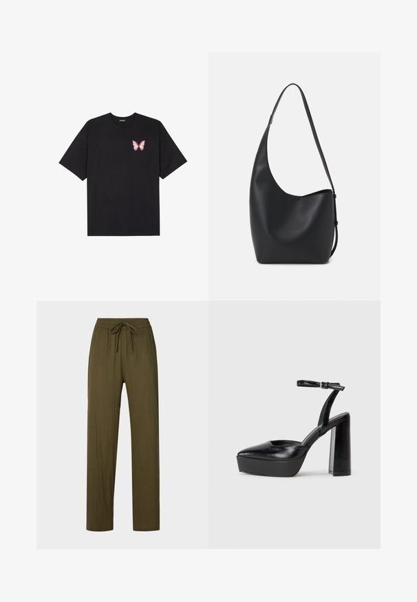 T-shirt en coton noir à manches courtes, avec un petit graphique de papillon rose sur la poitrine gauche. Modèle à col rond avec une coupe décontractée.; Pantalons légers, plissés, de couleur vert olive, avec une taille à cordon et une coupe droite. Le matériau a une finition douce et texturée.; Escarpins noirs à plateforme avec un bout pointu et une sangle réglable à la cheville. Conçus en cuir lisse, avec un large talon bloc.; Sac hobo en cuir noir avec une texture lisse, une forme incurvée et une seule sangle réglable ; dispose d'une large ouverture en haut.