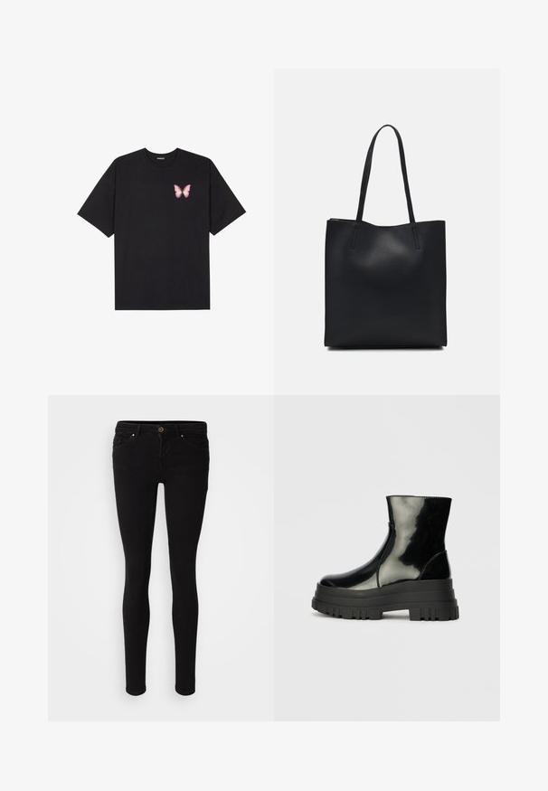 Fekete pamut póló rövid ujjakkal, bal mellkason egy kis rózsaszín pillangó grafikával. Kerek nyakú kialakítás, laza fazonnal.; ONLY ONLCORAL LIFE POWER - Testhezálló fazon - black denim; Fekete fényes boka csizma vastag bordázott talppal és kerek orral, oldalnézet világos szürke háttér előtt.; Fekete bőrtáska sima felszínnel, téglalap alakú, két hosszú füllel. Nincs látható fémkiegészítő vagy díszítés.