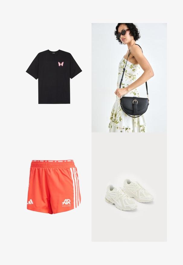 Tricou negru din bumbac cu mâneci scurte, având pe partea stângă a pieptului un mic grafic cu un fluture roz. Design cu guler rotund și croială lejeră.; Pantaloni scurți de alergare Adidas, de culoare portocalie aprinsă, confecționați dintr-un material ușor, cu dungi albe pe laterale, talie elastică și detaliu cu logo.; Pantofi sport albi confecționați din materiale din plasă și sintetice, design cu șireturi, guler căptușit și talpă texturată pentru aderență. Construcție ușoară.; Geantă din piele neagră, cu o formă curbată, curea detașabilă și accesorii aurii. Geanta are un capac cu un detaliu tip cataramă.